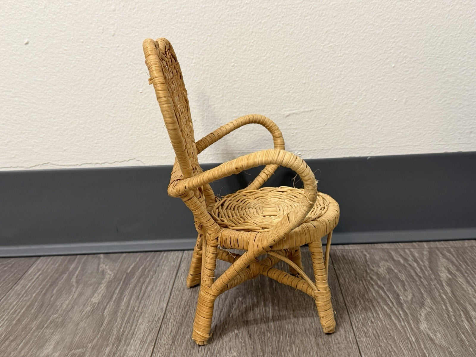 Vintage Cute Heart Wicker Doll, Bear Plush, Chair 9.5" Tall