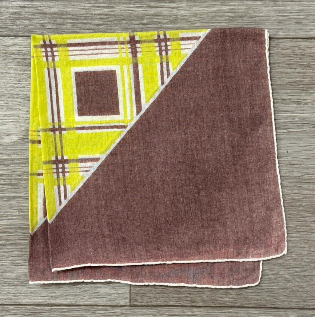 Vintage 1960s Mod Handkerchief W/ Geometric Pattern Bright Green & Brown Hanky