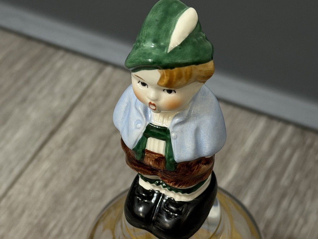 Vintage Goebel Western Germany Etched Crystal Glass Bell Ceramic Boy Handle