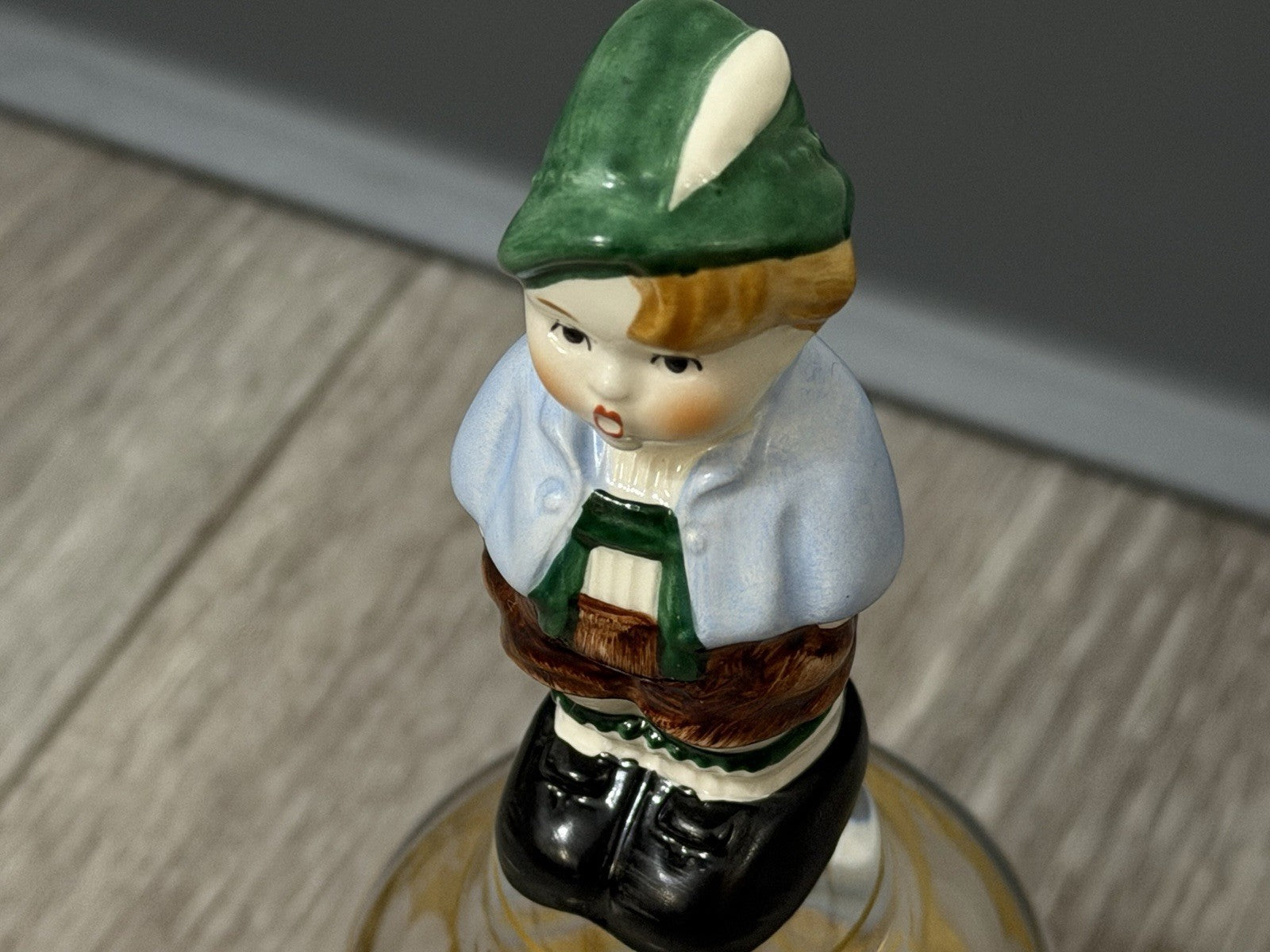 Vintage Goebel Western Germany Etched Crystal Glass Bell Ceramic Boy Handle