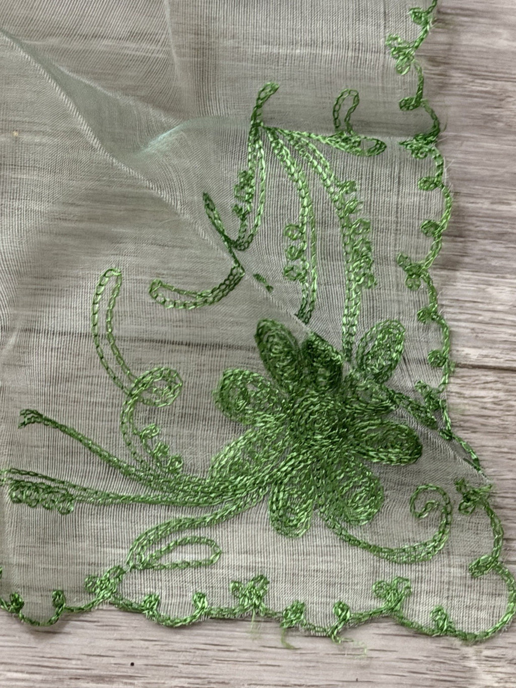 Vintage Green Needle Run Lace Hanky Handkerchief Floral