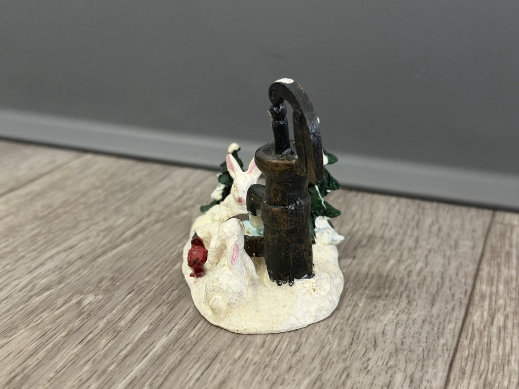 VTG Christmas Village Figurine Water Pump Bunnies Cardinal Bird Resin Snow