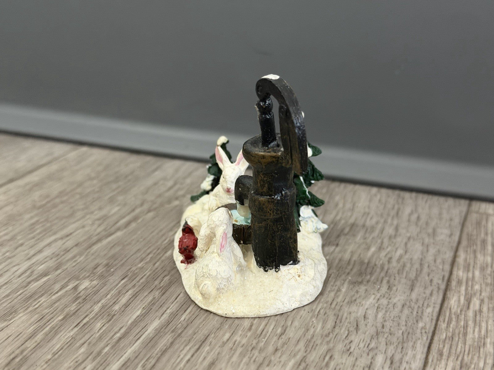 VTG Christmas Village Figurine Water Pump Bunnies Cardinal Bird Resin Snow