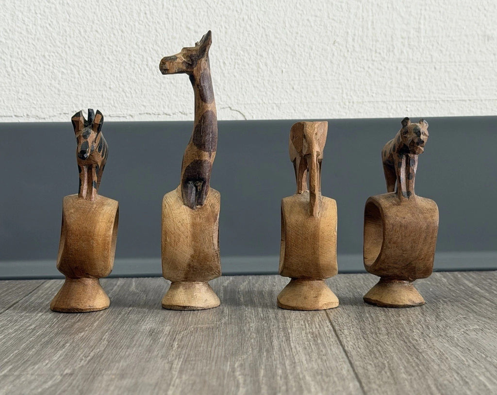 Vintage set of 4 Hand Carved Wooden African Safari Animal Napkin Ring Holders