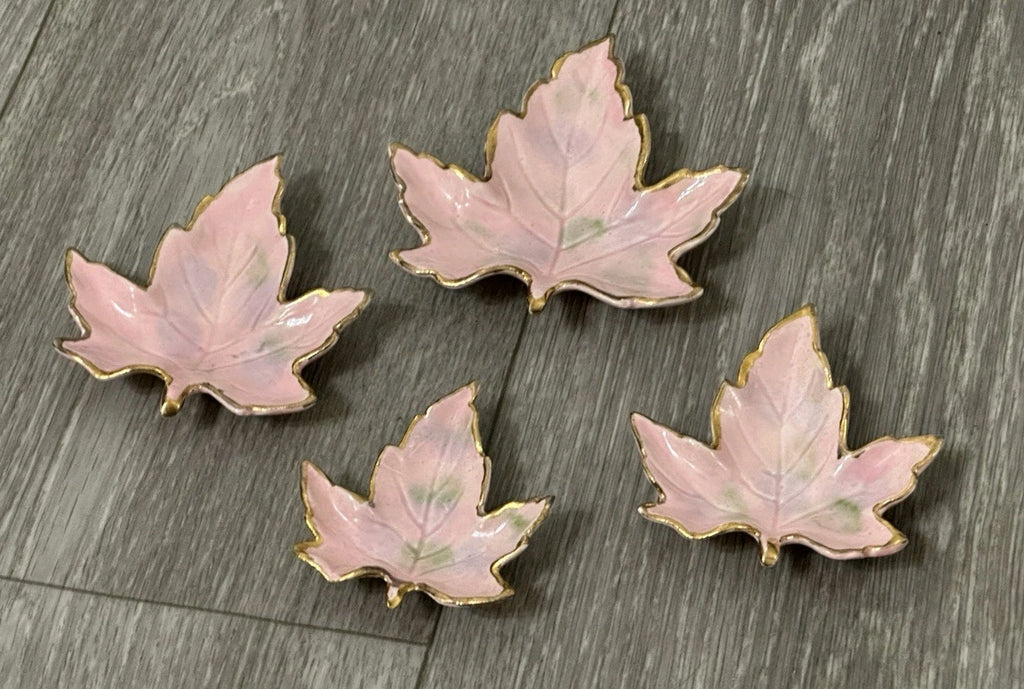 Vintage Ceramic set of 4 Nesting Maple Leaf Dishes 4 inches Pink And Gold