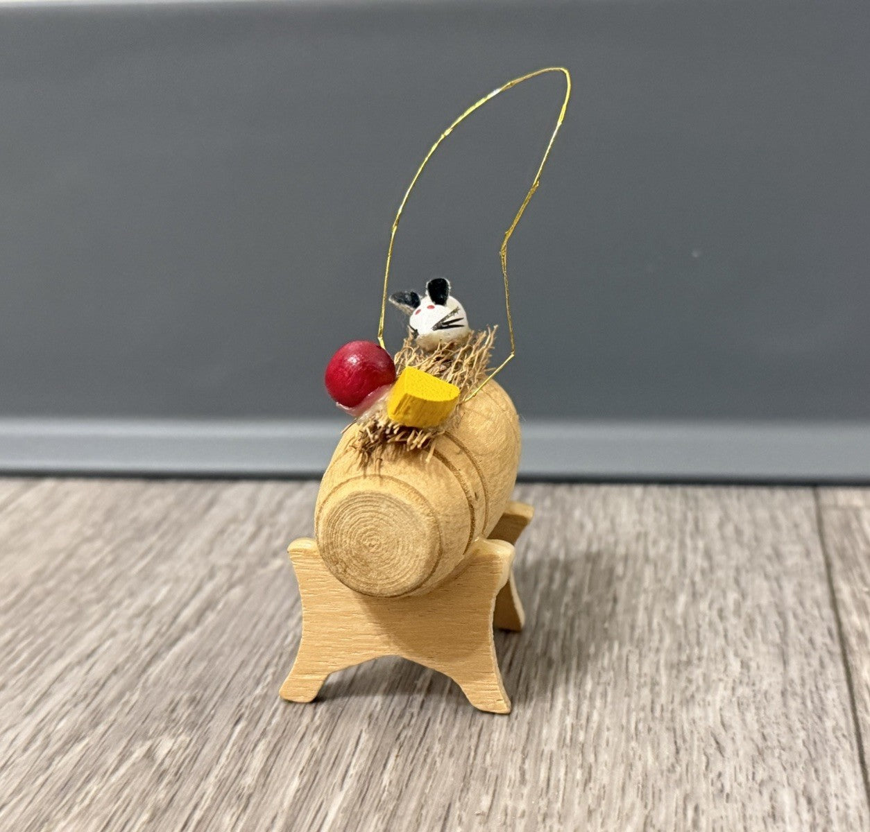Vintage Wood Barrel Christmas Ornament With Mouse Cheese And Apple