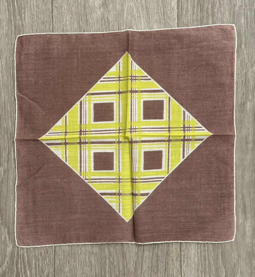 Vintage 1960s Mod Handkerchief W/ Geometric Pattern Bright Green & Brown Hanky