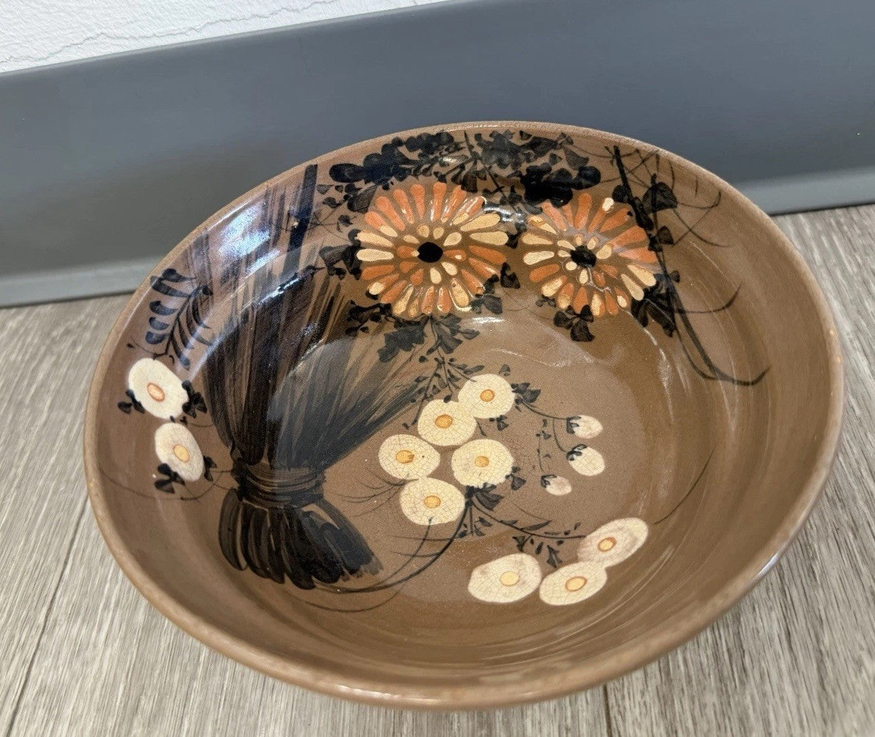 Vintage Japanese Retro Floral Bowl Ceramic Serving Bowl Brown READ