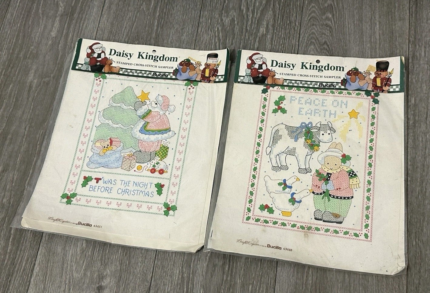 (2) Christmas Daisy Kingdom Stamped Cross Stitch Sampler Holiday Bucilla 