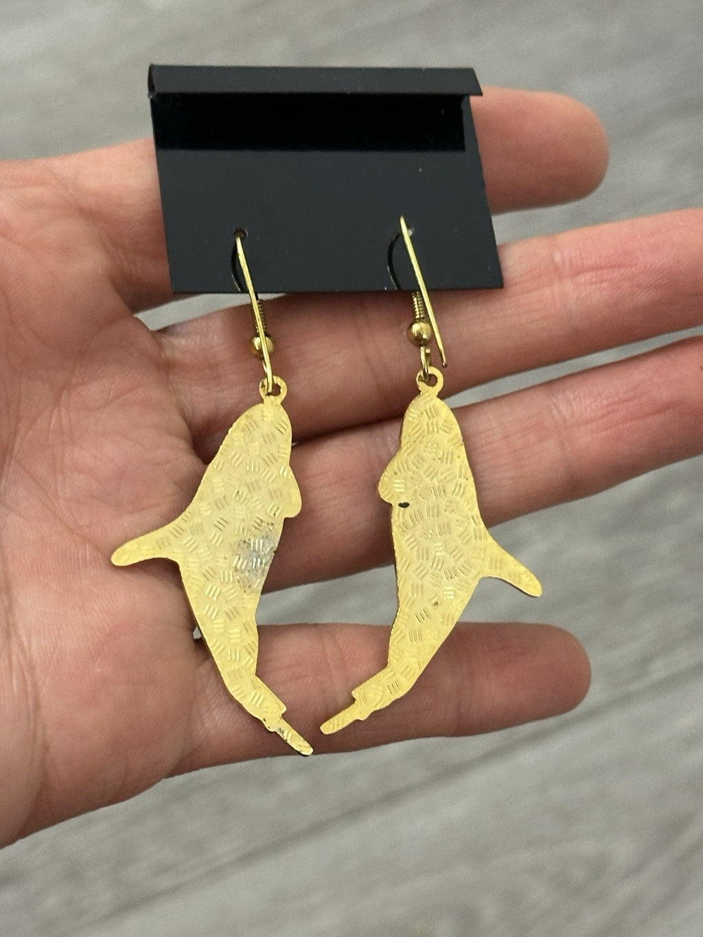 Vtg Goldtone Enamel Dolphin Drop Dangle Pierced Earrings 1.5"