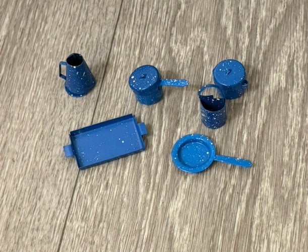 Vtg Mini Mismatched Dollhouse Blue Speckled Enamelware Pots Pans Lids Tray 8 Pcs