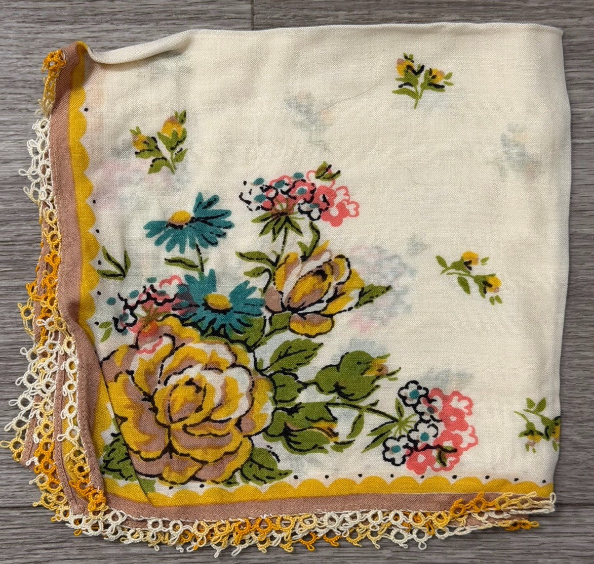 Vintage Yellow Roses & Blue Daisies Flowers Floral Wedding Handkerchief 12” Sq.