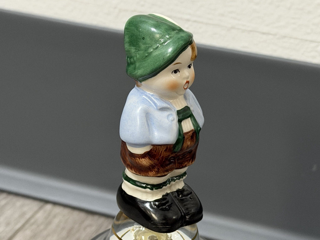Vintage Goebel Western Germany Etched Crystal Glass Bell Ceramic Boy Handle