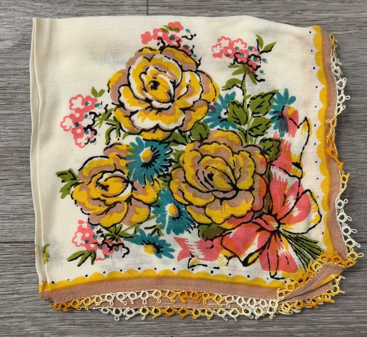 Vintage Yellow Roses & Blue Daisies Flowers Floral Wedding Handkerchief 12” Sq.