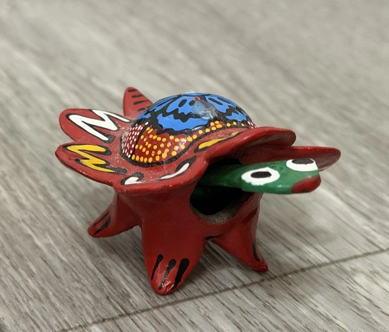 Vintage Nodder Bobble Head Turtle Hand Painted Mexico Folk Art RED Blue