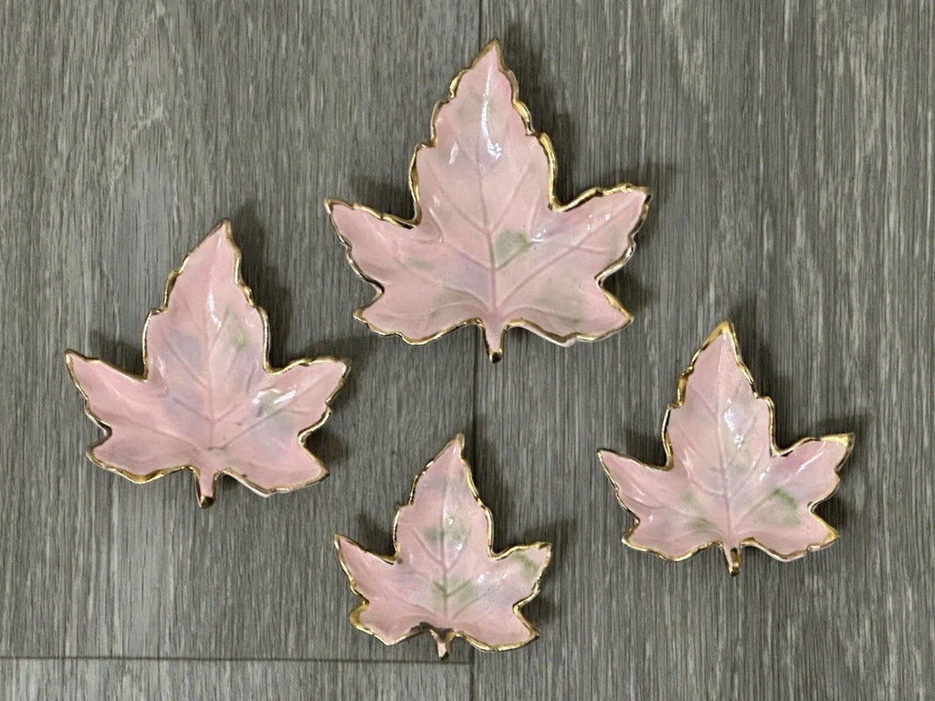 Vintage Ceramic set of 4 Nesting Maple Leaf Dishes 4 inches Pink And Gold