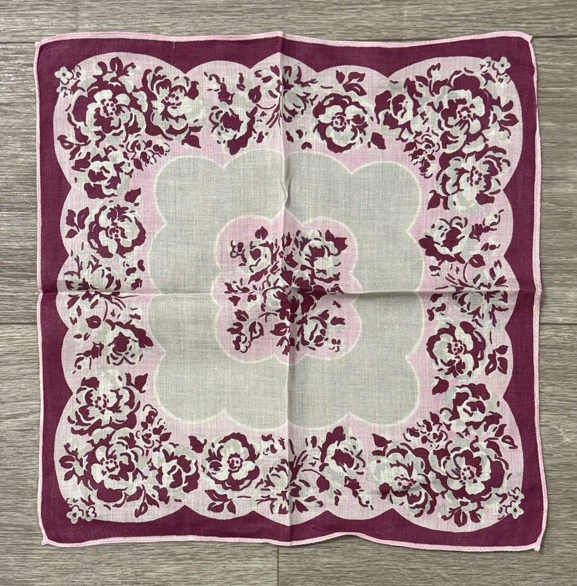 Beautiful Pink, Maroon & White Vtg. Wedding Handkerchief With Floral Roses 11”