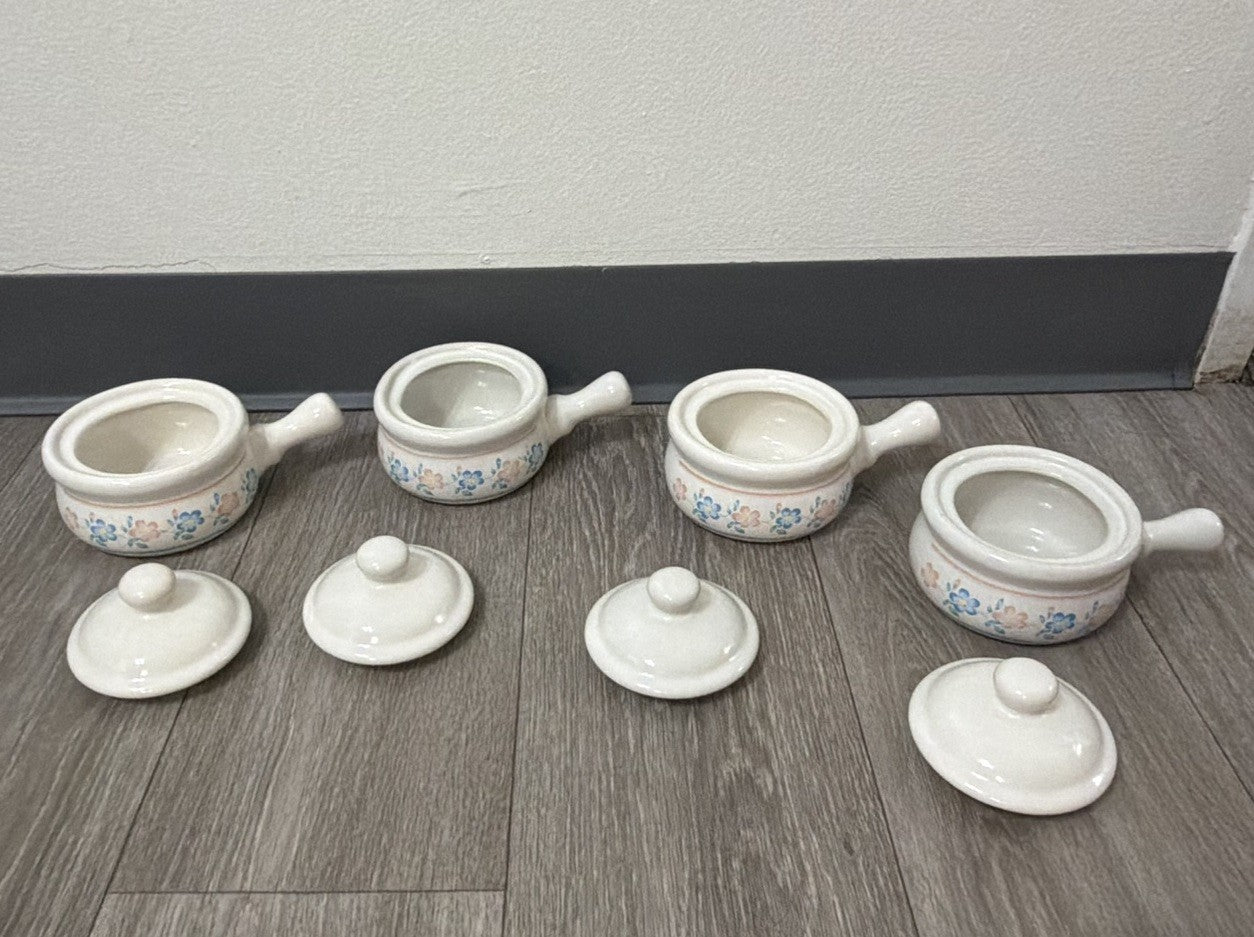 Vintage French Onion Soup Crock Bowl W/ Lid & Handle Blue Pink Flowers Set Of 4