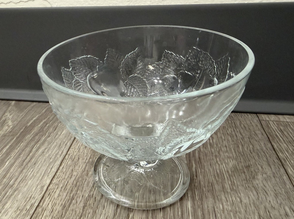 Vintage Footed Glass Bowl W/ Apples & Grapes Fruit Design Holiday Candy Dish