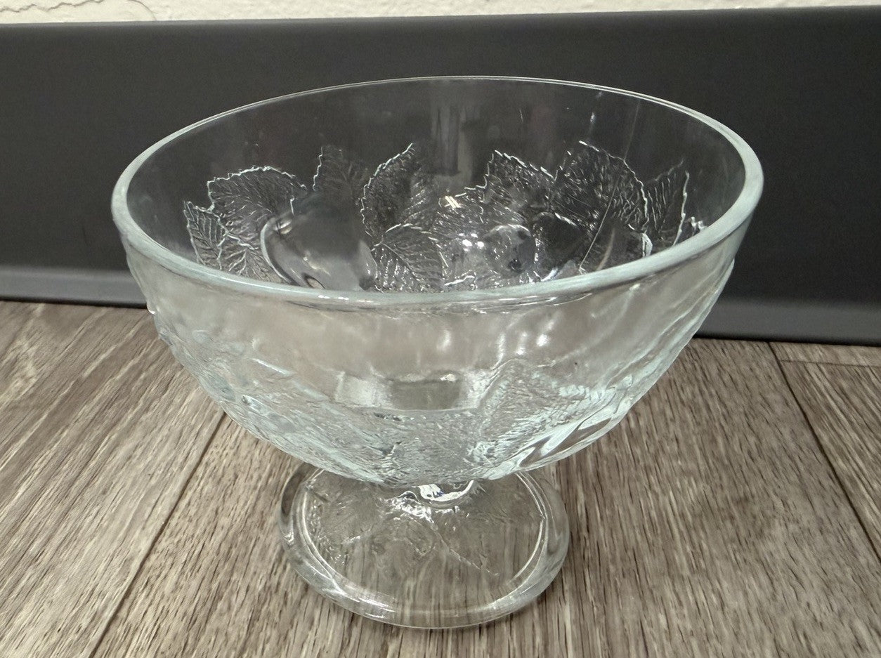 Vintage Footed Glass Bowl W/ Apples & Grapes Fruit Design Holiday Candy Dish
