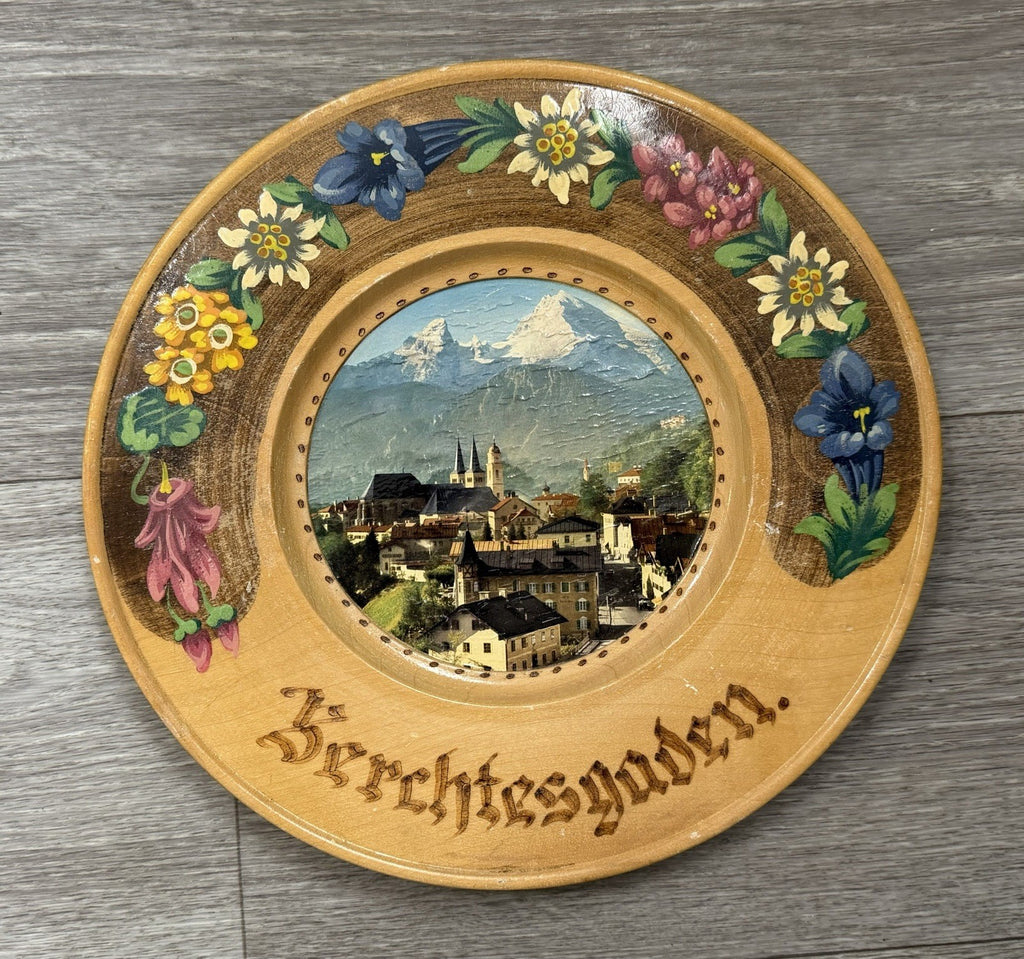 Vintage Hand Painted  Wooden Plate From Berchtesgaden Germany 9.75” Diameter