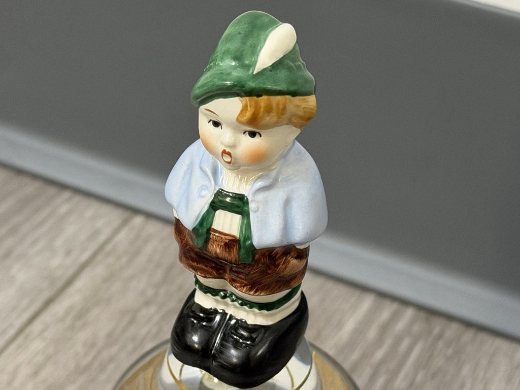 Vintage Goebel Western Germany Etched Crystal Glass Bell Ceramic Boy Handle
