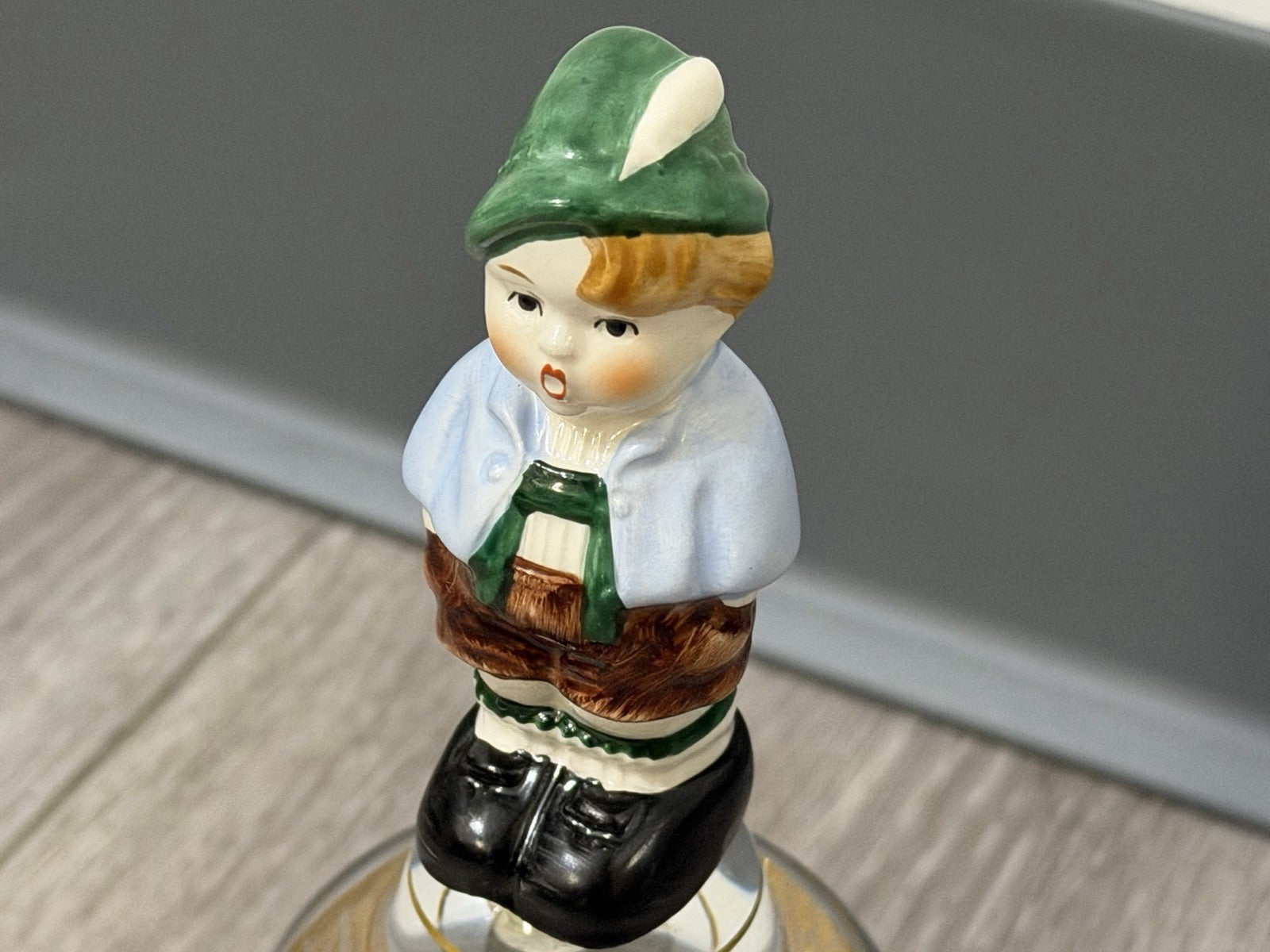 Vintage Goebel Western Germany Etched Crystal Glass Bell Ceramic Boy Handle