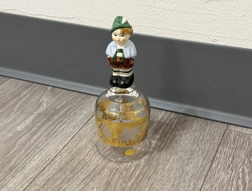 Vintage Goebel Western Germany Etched Crystal Glass Bell Ceramic Boy Handle