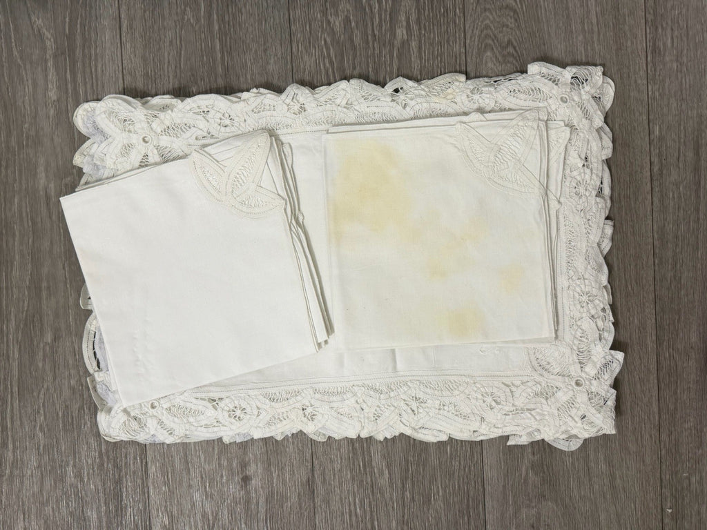 Vtg white cotton 7 napkins intricate lace cutwork 18x13 Set 8 Placemats STAINED