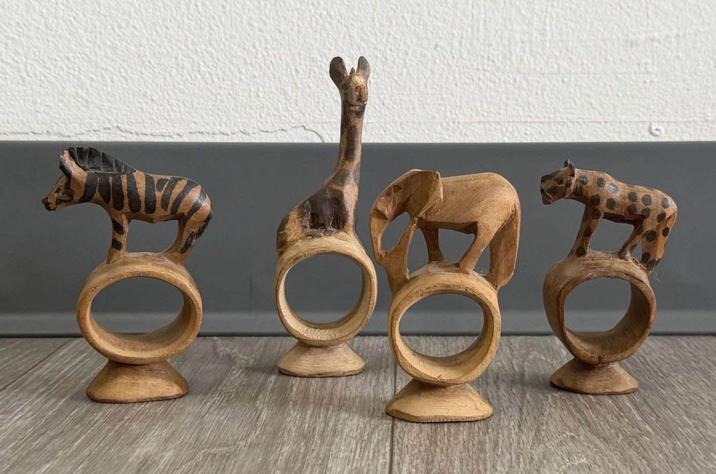 Vintage set of 4 Hand Carved Wooden African Safari Animal Napkin Ring Holders