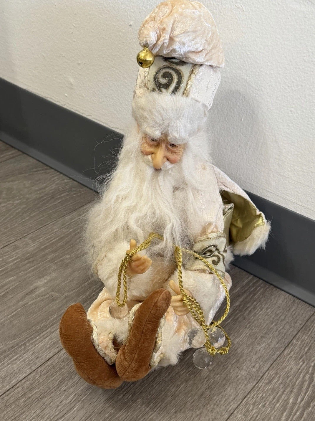 Gold & White Shelf / Mantle Sitter Santa Christmas Elf Glass Eyes Whimsical 22”