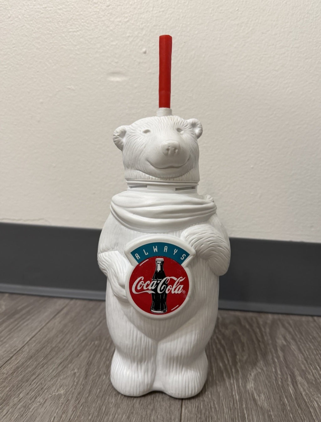 Vintage Coca Cola Polar Bear Water Bottle w/ Red Straw 
