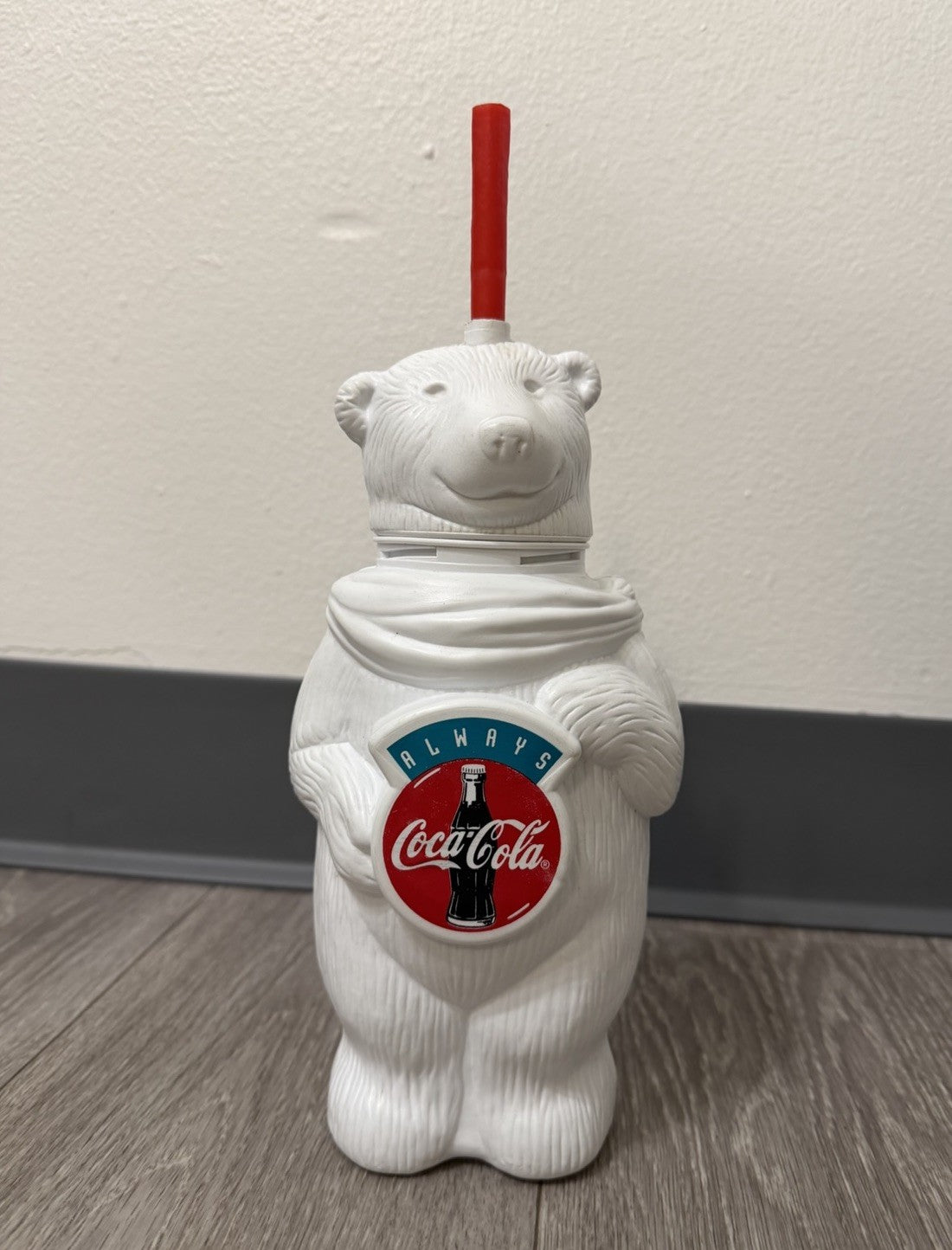 Vintage Coca Cola Polar Bear Water Bottle w/ Red Straw 