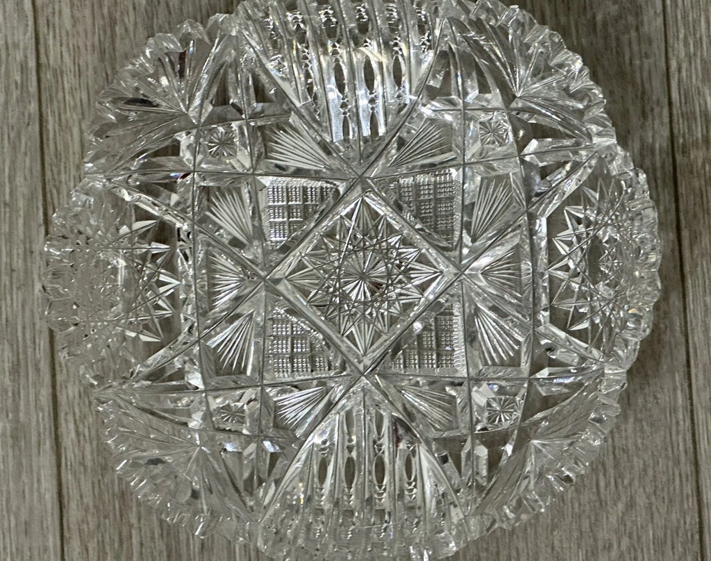 VNT Brilliant Cut Crystal Sawtooth Edge Low Bowl 6” -  Geometric Pattern