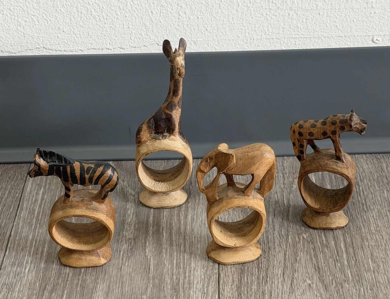Vintage set of 4 Hand Carved Wooden African Safari Animal Napkin Ring Holders