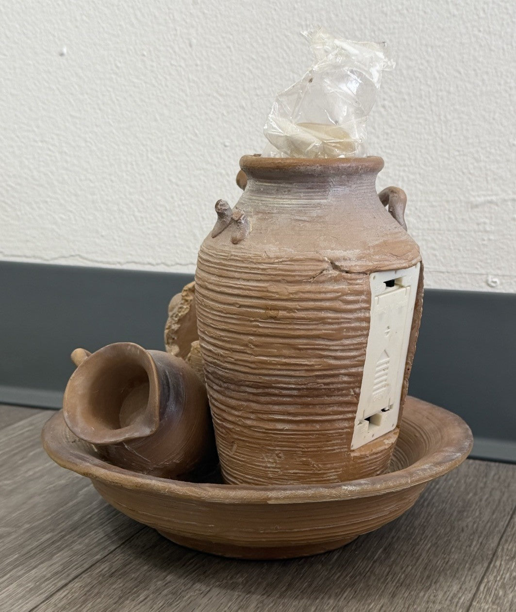 Tabletop Water Fountain Rustic Faux Pottery Sculpture– Folk Art Decor