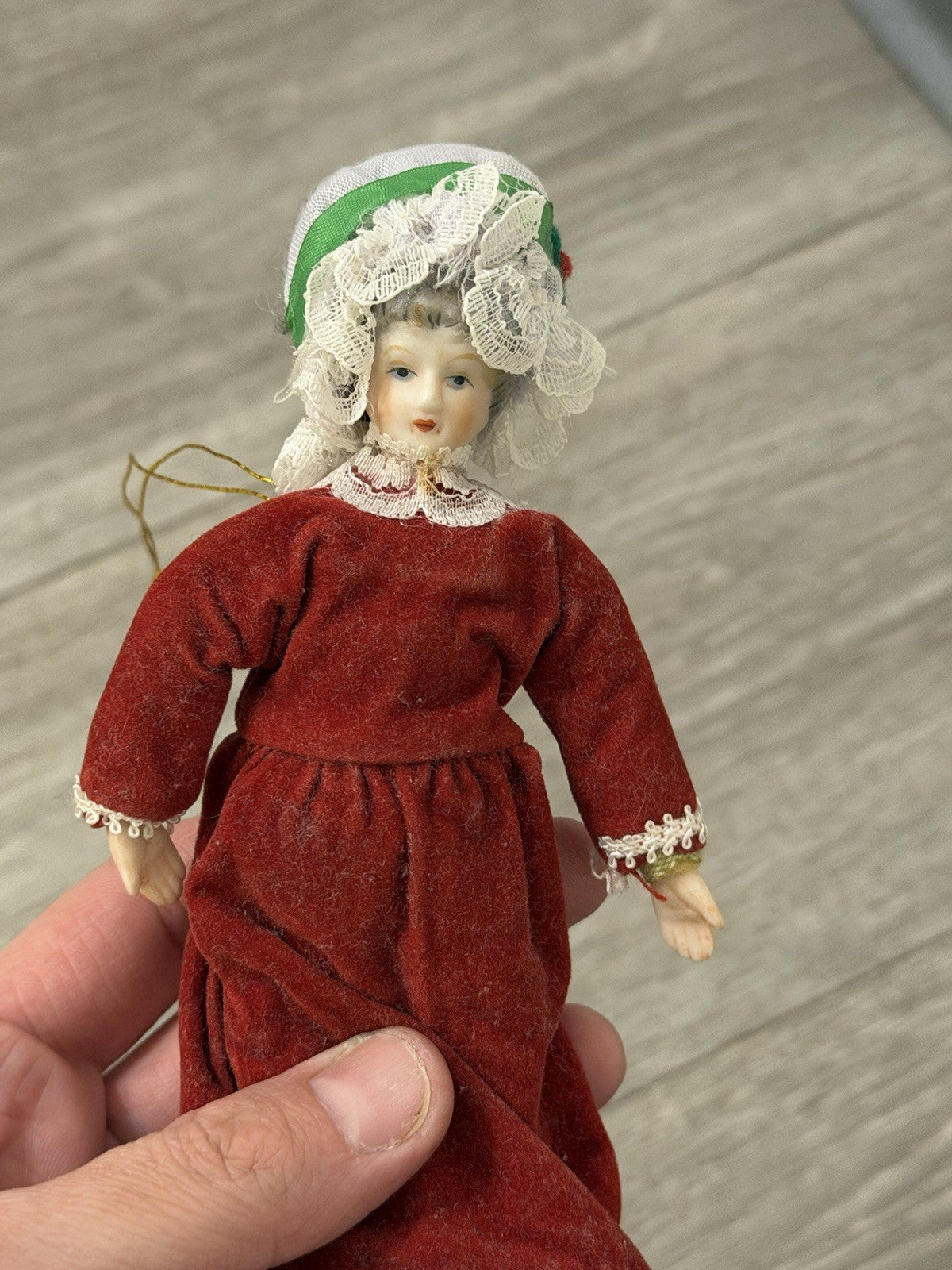 VTG Victorian Style Porcelain Woman Doll Red Velvet Dress/Holly Bonnet Ornament