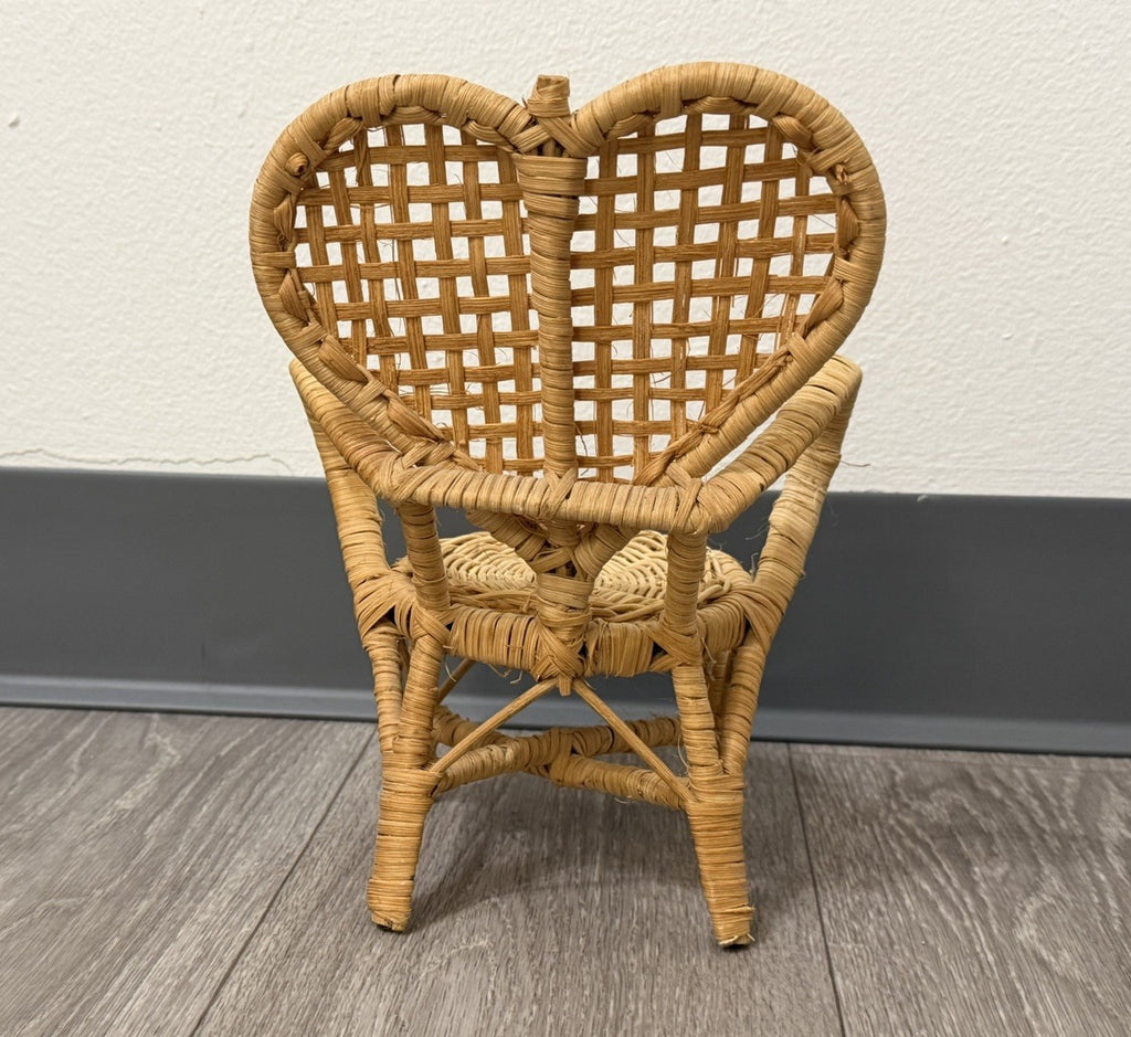 Vintage Cute Heart Wicker Doll, Bear Plush, Chair 9.5" Tall