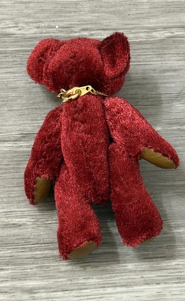1982 Miniature Jointed Ruby Velvet Purple Teddy Bear Wearing A Necklace