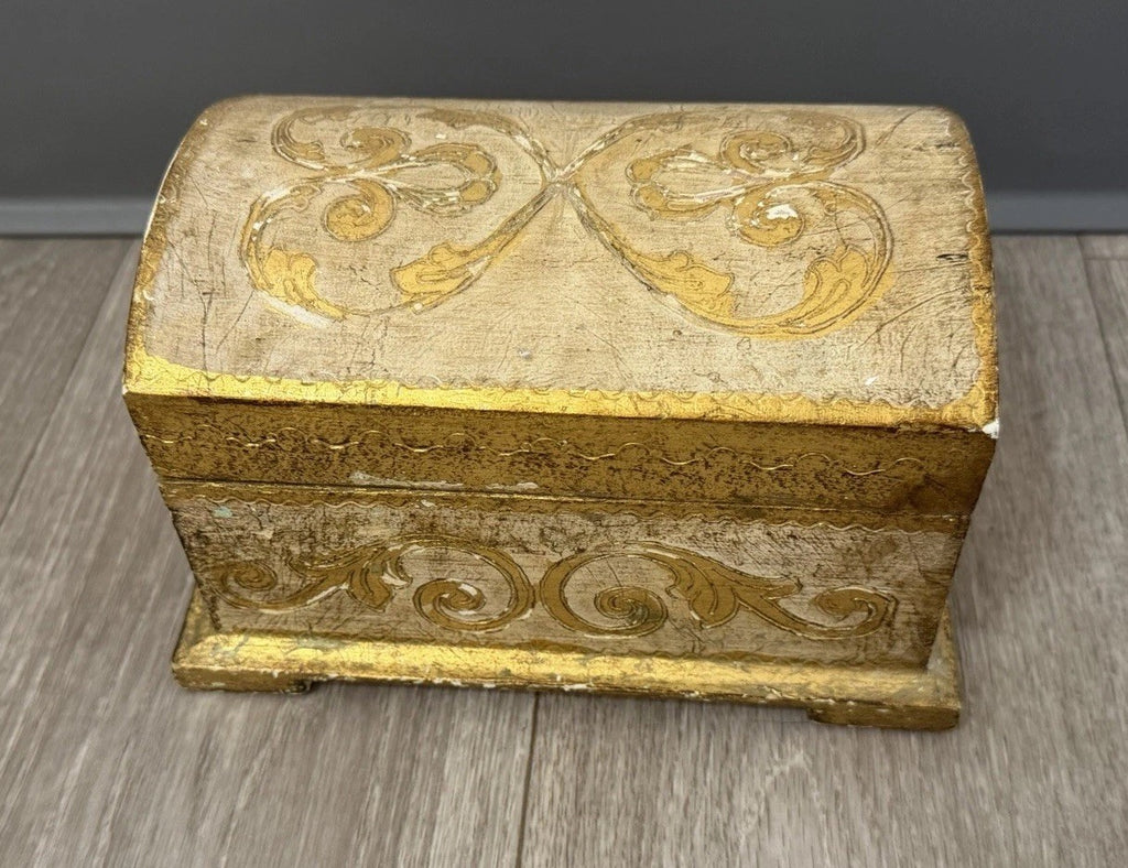 Vintage Domed Wood Gold Gilt Italian Florentine Footed Trinket Box 8”x5”x4.75”