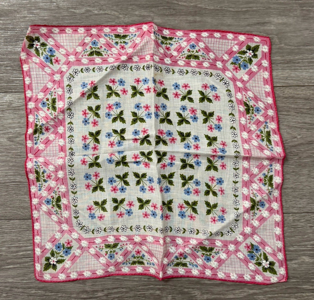 Vintage Beautiful Tiny Flowers Boho Wedding Handkerchief Pink, Blue & White