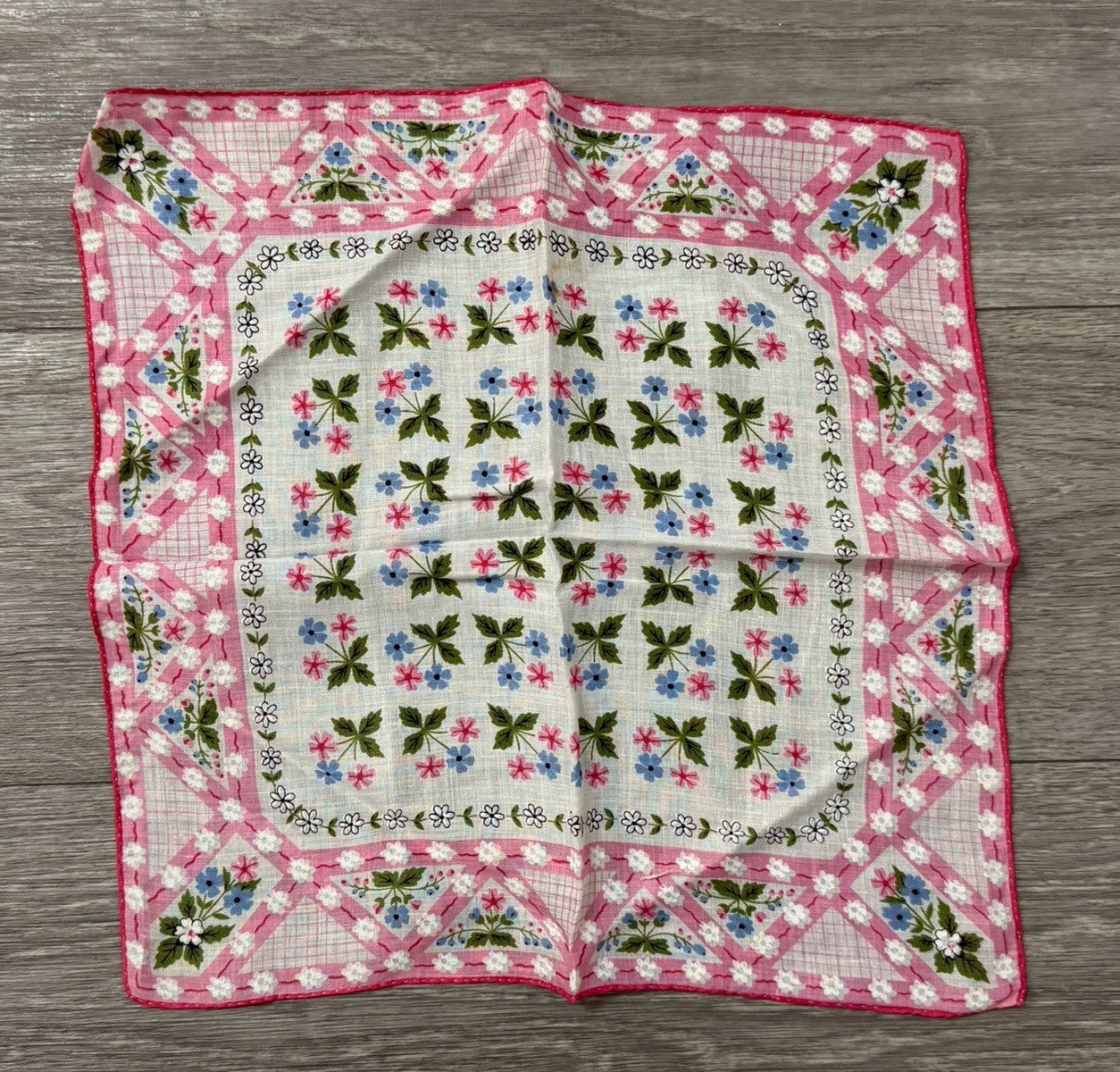 Vintage Beautiful Tiny Flowers Boho Wedding Handkerchief Pink, Blue & White
