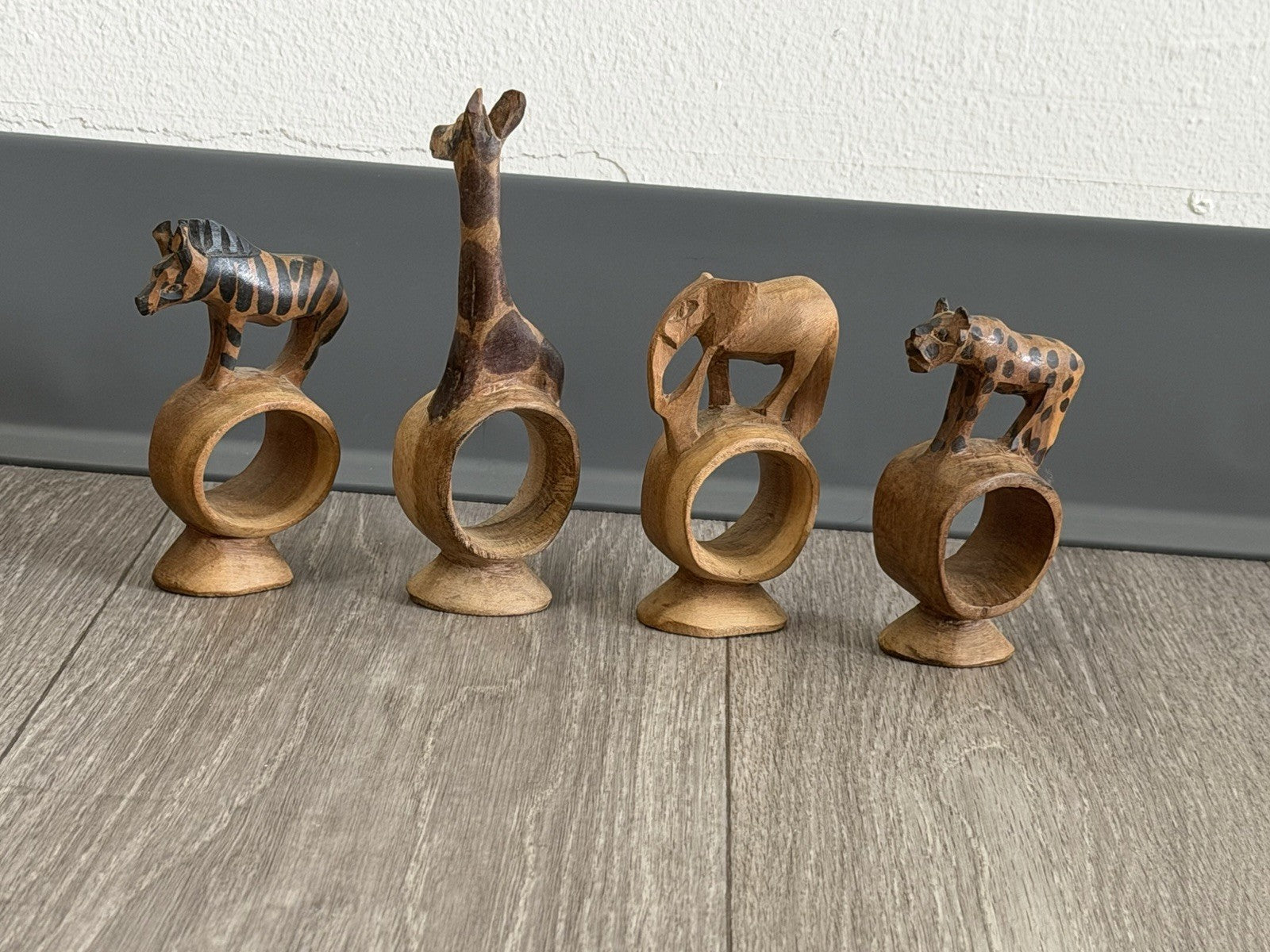 Vintage set of 4 Hand Carved Wooden African Safari Animal Napkin Ring Holders