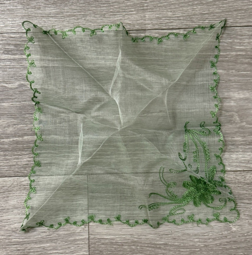 Vintage Green Needle Run Lace Hanky Handkerchief Floral