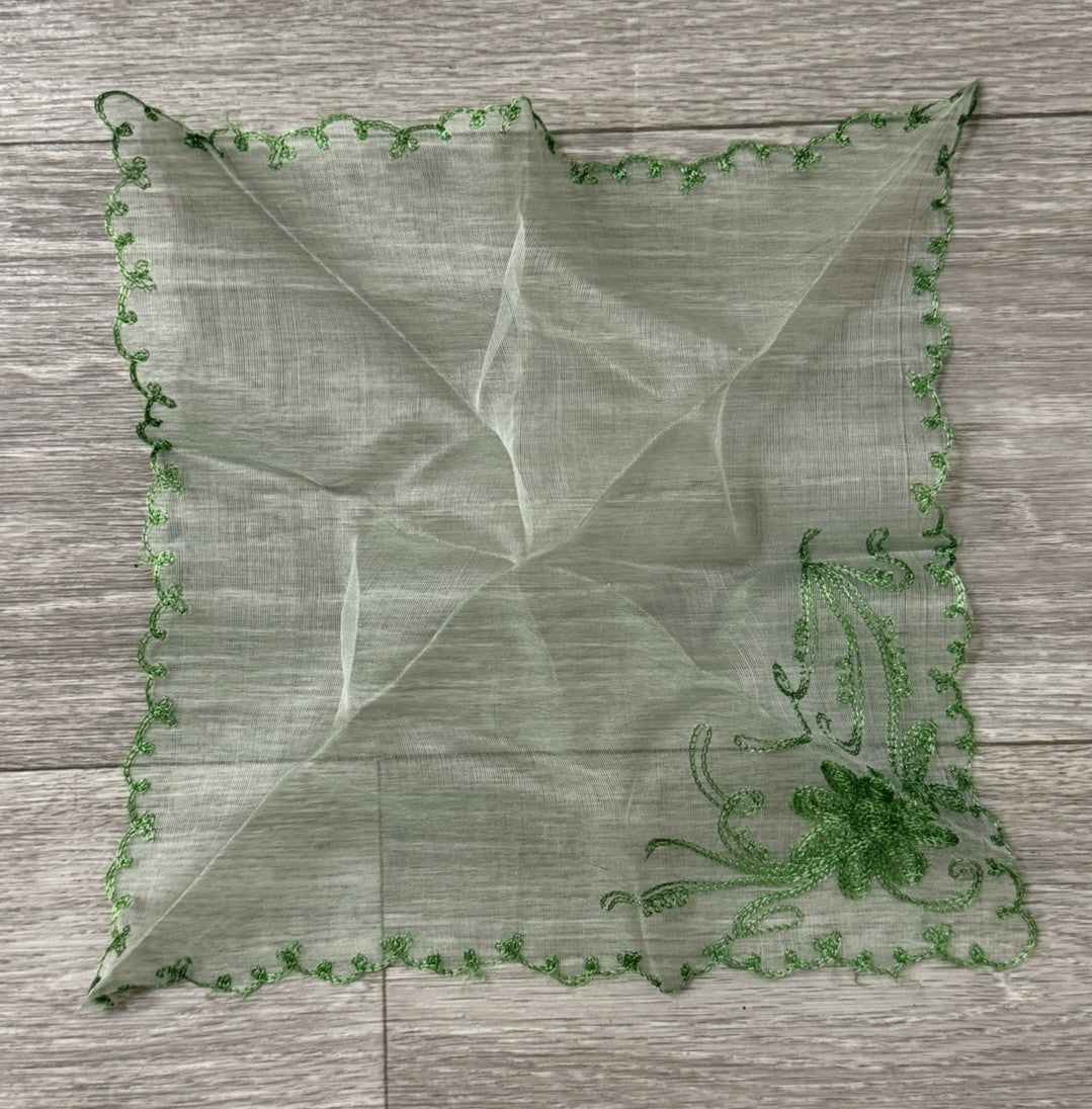 Vintage Green Needle Run Lace Hanky Handkerchief Floral