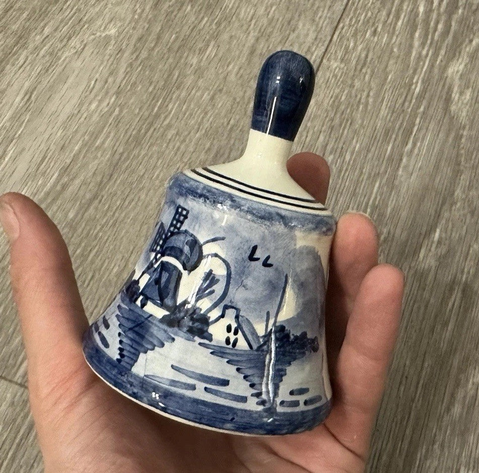 Vintage DELFTt Holland Blue and White Hand-Painted Windmill Leaf Bell 3”