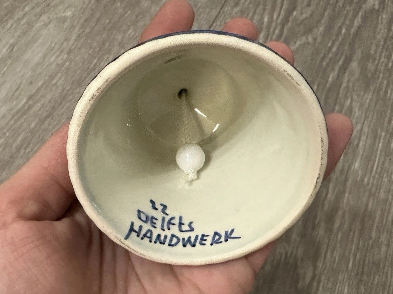 Vintage DELFTt Holland Blue and White Hand-Painted Windmill Leaf Bell 3”
