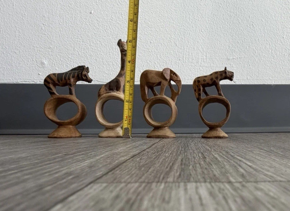 Vintage set of 4 Hand Carved Wooden African Safari Animal Napkin Ring Holders