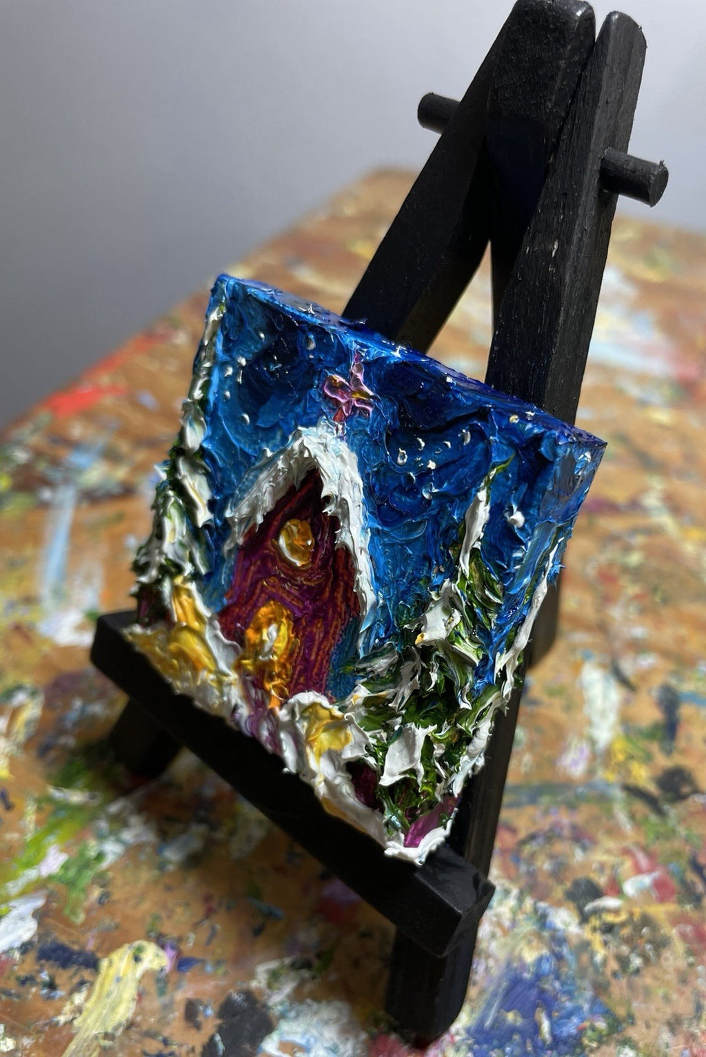 ‘Church In The wild Woods’ New mini oil painting original By Paris Llanso 2x2”