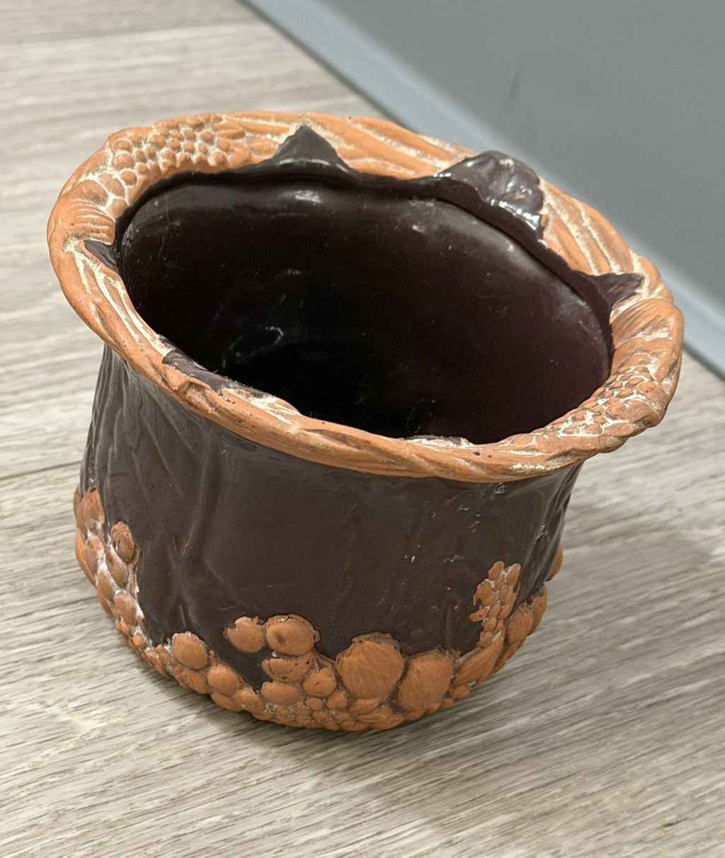 Claire Burke Art Pottery Red Clay Dish Bowl Hand Painted Fruit Grape Design 